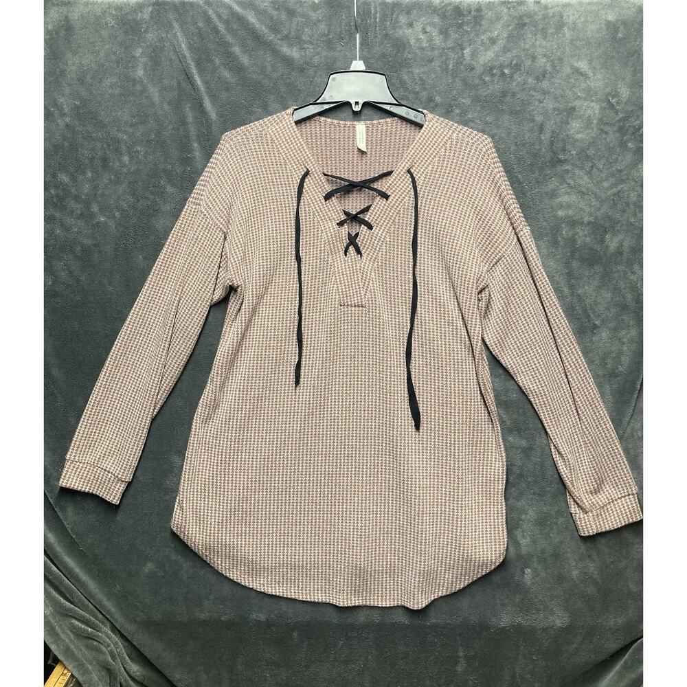 Boho Waffle Knit Henley Lace-Up Tunic Top Woman L Made N USA Earth Tone Western